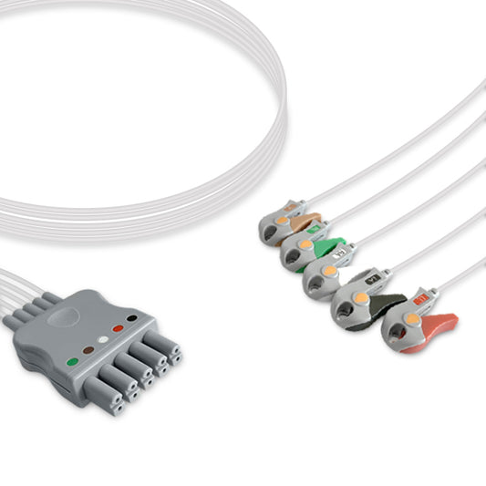 A five-lead ECG (electrocardiogram) cable with a gray connector and colored clips, compatible with Draeger medical equipment.