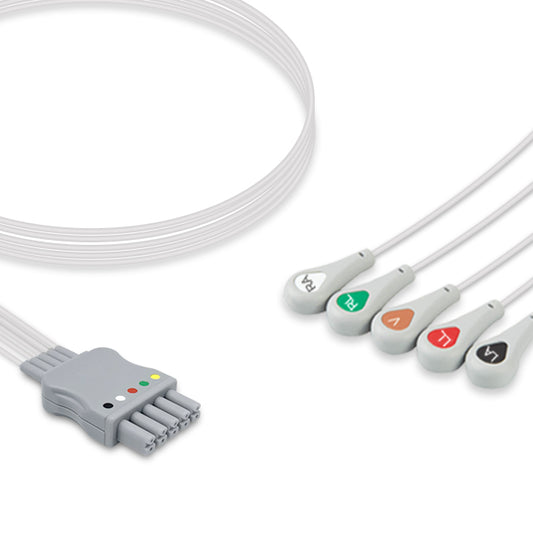 A five-lead ECG (electrocardiogram) cable with a grey connector and colored snap buttons, compatible with Siemens/Draeger systems.