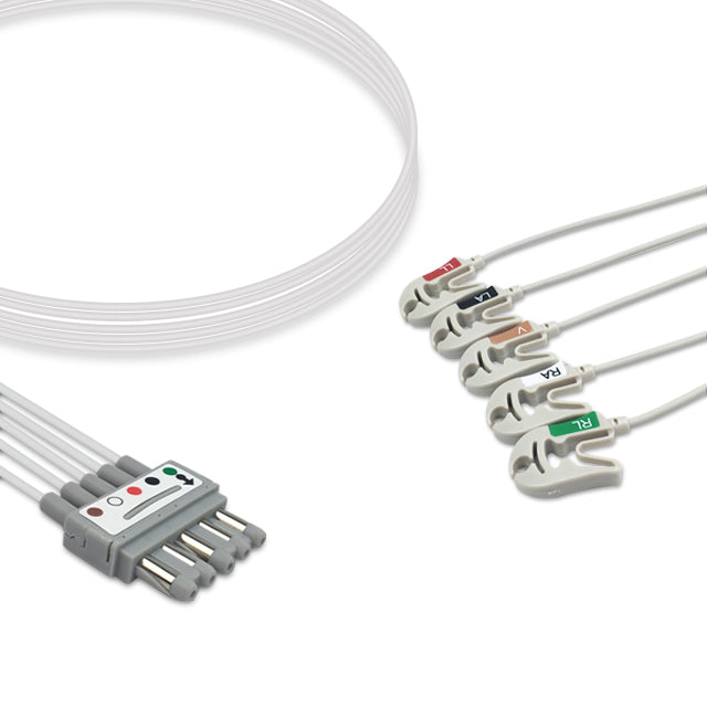 A set of five ECG (electrocardiogram) leads with a molded Din-style connector and a grabber, designed for compatibility with Spacelabs ECG equipment.