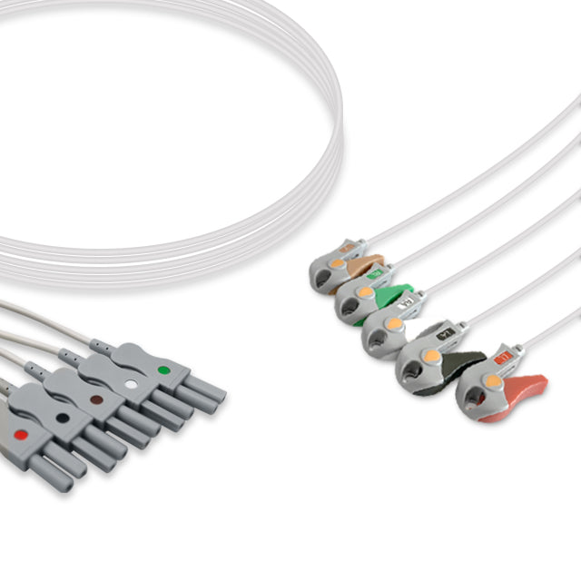 A set of gray ECG (electrocardiogram) leads with green and red markings at the connectors, designed for use with medical equipment.