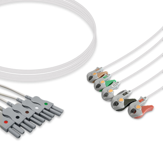A set of gray ECG (electrocardiogram) leads with green and red markings at the connectors, designed for use with medical equipment.