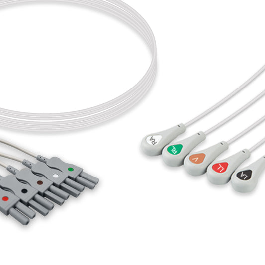 A set of gray ECG (electrocardiogram) leads with snap connectors and colored markings on the proximal ends.