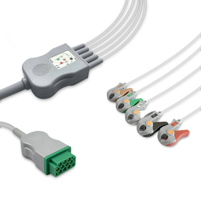 A five-lead ECG (electrocardiogram) cable with a grey connector and colored clips, compatible with Marquette One-Piece ECG Cable 5831400.