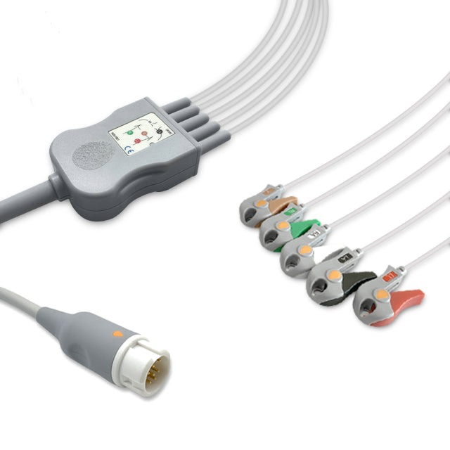 One-piece ECG cable with a grey connector and five colored leads, compatible with Philips ECG equipment.