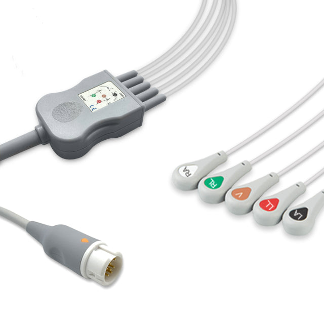 A five-lead ECG (electrocardiogram) cable with a snap connector and labeled with colors red, green, blue, yellow, and gray.