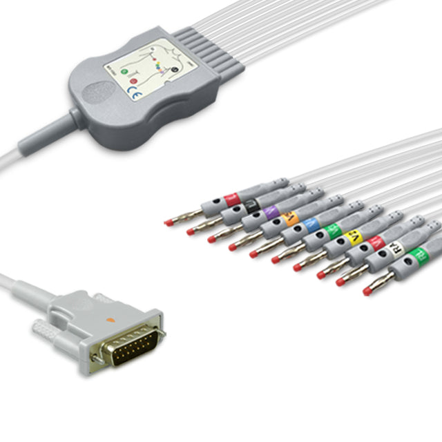 A set of medical equipment cables and connectors, including a 10-lead ECG cable with 4mm banana plugs and a resistance box, primarily in gray, white, and multicolored wires.