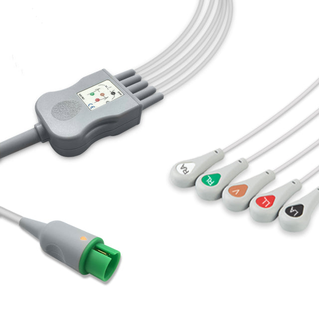 A five-lead ECG cable with a snap connector and colored-coded ends for different lead types, compatible with Spacelabs equipment.