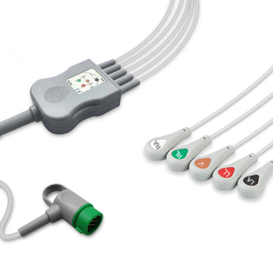 A five-lead ECG cable with a grey color connector and labeled with AHA (American Heart Association) standards for 12-lead ECG monitoring.