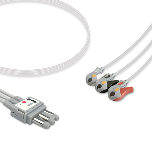 A set of Spacelabs ECG Leadwire with a 3-lead, molded Din-style connector and grabber, predominantly gray and red in color.