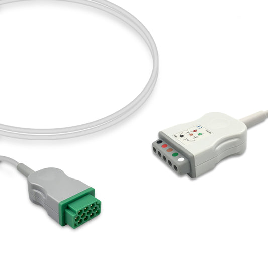 A white ECG trunk cable with a green connector on one end and a white connector on the other, compatible with Marquette ECG systems.