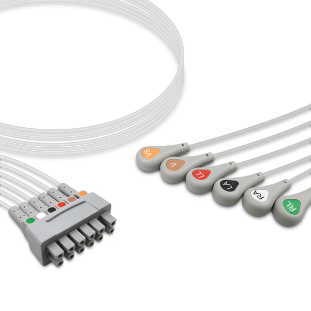 A set of gray ECG (electrocardiogram) leads with a central connector and colored snap buttons, against a white background.