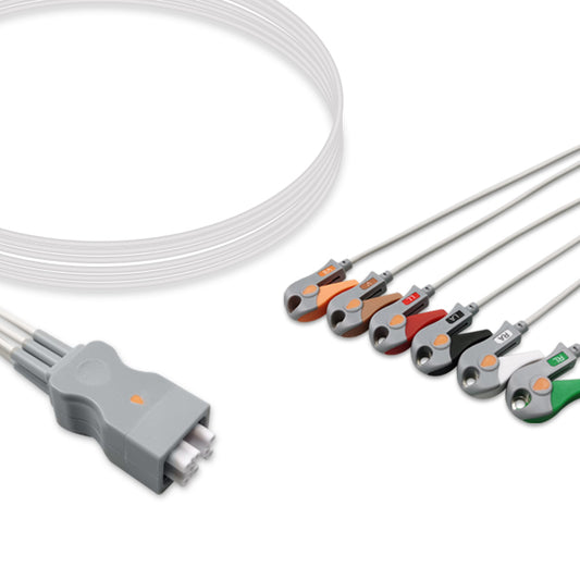 A set of ECG (electrocardiogram) leads with a grey connector and multi-colored cables, compatible with GE Healthcare ECG equipment.