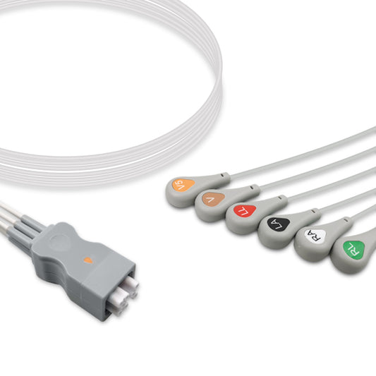 A six-lead ECG (electrocardiogram) snap leadwire with a white cable and gray connectors, compatible with GE Healthcare equipment.