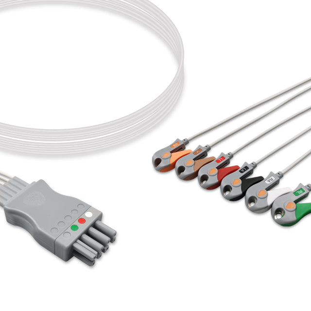 A six-lead ECG (electrocardiogram) cable with a grey connector at one end and multi-colored clips at the other, against a white background.