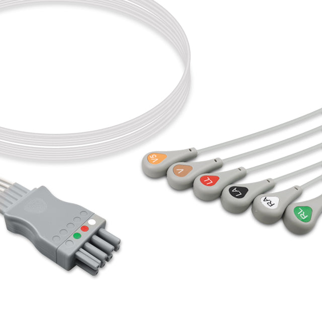 A six-lead ECG (electrocardiogram) cable with snap connectors and colored markings for limb and V leads, compatible with Nihon Kohden equipment.