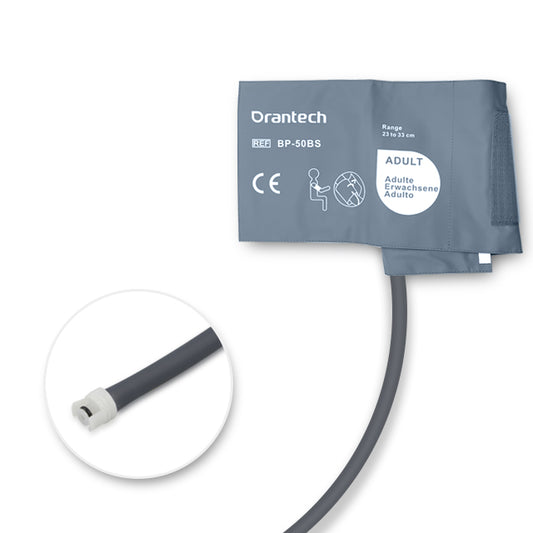 A blue Orantech blood pressure cuff, model BP-508S, labeled for adults with a single tube attachment.