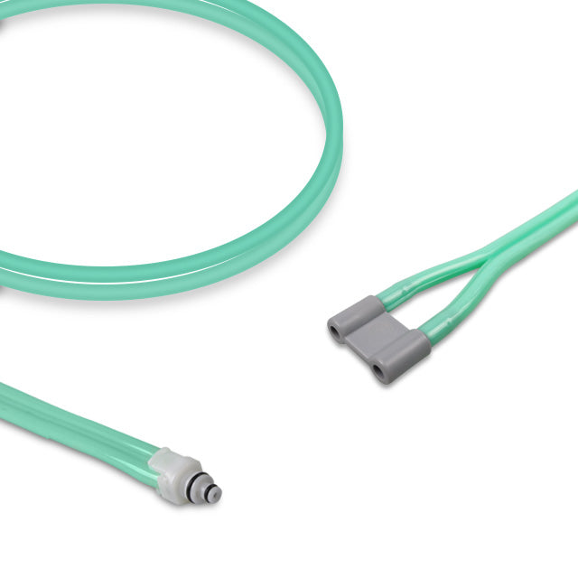 A green double tube air hose with connectors at both ends, designed for use with Datex Ohmeda NIBP equipment.