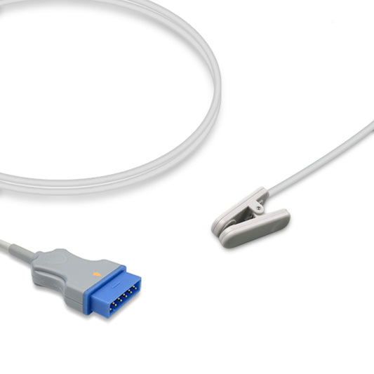 An SpO2 sensor with a gray cable and adult ear clip, compatible with GE Healthcare equipment.