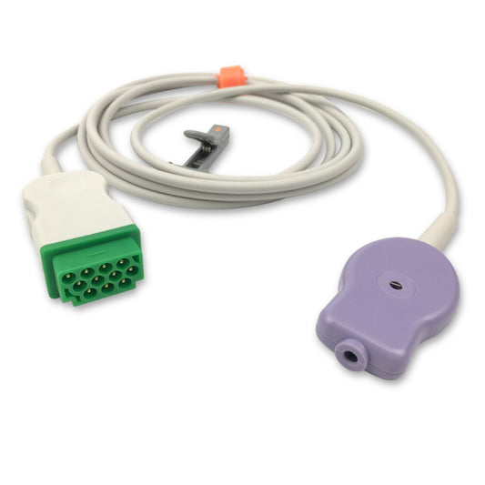 A gray-colored fetal leg plate cable with a green connector on one end and a purple adapter on the other, against a white background.