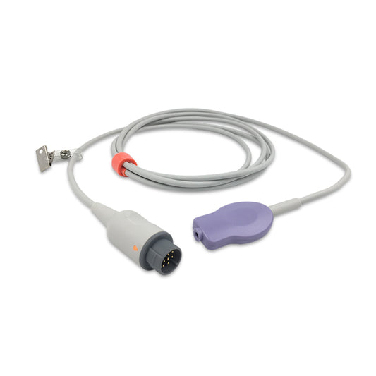 A gray-colored fetal leg plate cable with a connector on one end and a purple adapter on the other, against a white background.