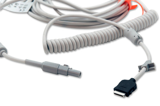 A beige, coiled data interface cable with a USB connector on one end and a module connector on the other, against a white background.