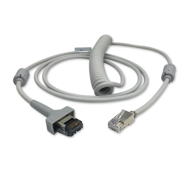 A gray data interface cable with a coiled design, featuring a rectangular connector on one end and a Ethernet type connector on the other, designed for use with GE Healthcare equipment.