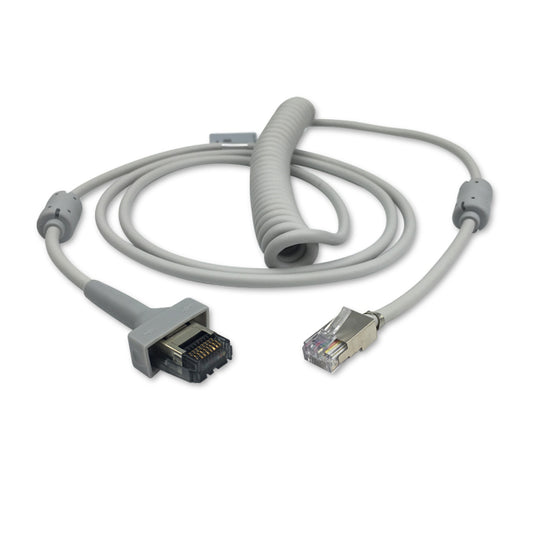 A gray data interface cable with a coiled design, featuring a rectangular connector on one end and a Ethernet type connector on the other, designed for use with GE Healthcare equipment.