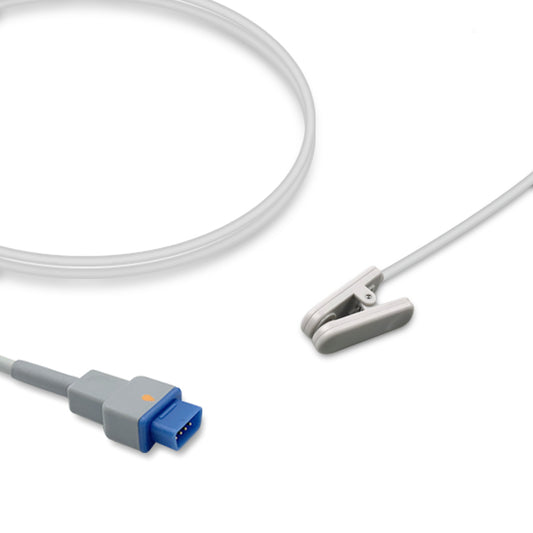 A SpO2 sensor cable with an adult ear clip and a male connector, predominantly gray in color.
