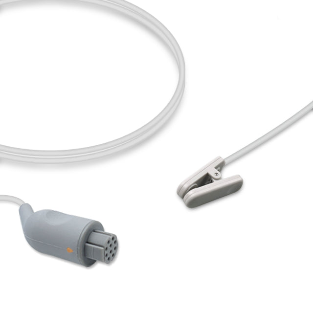 A Datex Ohmeda/GE SpO2 Sensor TS-E4-N with an adult ear clip and a 3.0m cable, predominantly gray in color.