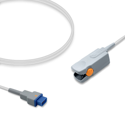 An SpO2 sensor with a gray body and orange clip attached to a white, flexible cable, with a blue connector at the proximal end.