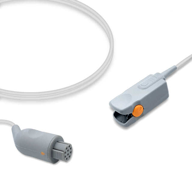 An SpO2 sensor with a gray body and orange detail, including a finger clip and a connector for medical equipment.