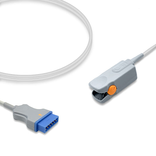 An SpO2 sensor with a gray finger clip and a flat connector, along with a proximal connector.