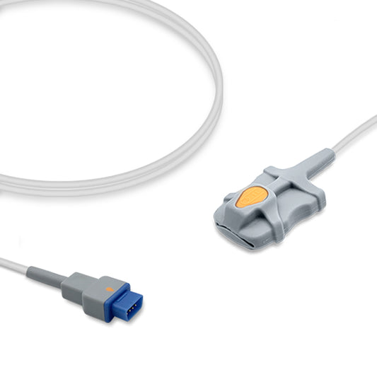 An SpO2 sensor cable with a grey connector on one end and a grey sensor on the other, labeled with GE Healthcare branding.