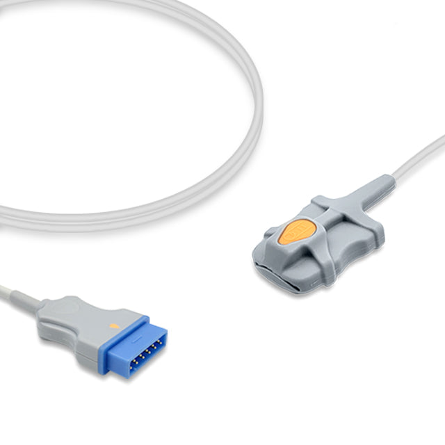 An SpO2 sensor with a gray cable and adult soft latex-free clip, compatible with GE Healthcare equipment.