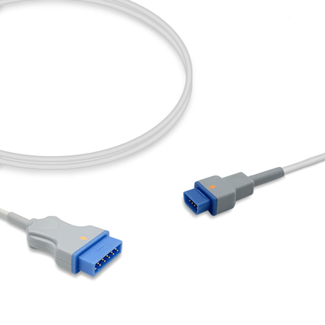 A compatible GE Healthcare SpO2 adapter cable with a flat distal connector and a female proximal connector, primarily gray in color.