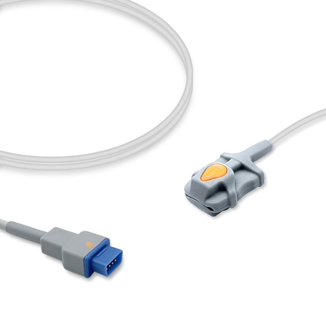 A GE Healthcare SpO2 sensor with a pediatric soft rubber cable and a gray connector.