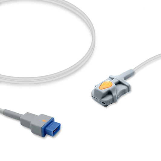 A GE Healthcare SpO2 sensor with a pediatric soft rubber cable and a gray connector.