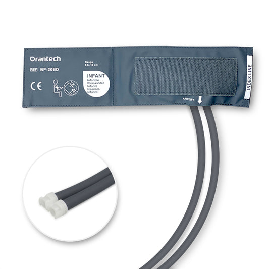 A gray infant-sized blood pressure cuff with double tube and bladder, marked with the brand Oranitech and CE symbol.