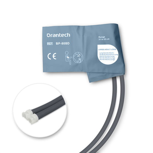 A blue reusable NIBP cuff with the Orantech brand logo, marked as model BP-4010D, along with a range indicator of 35.5-59 cm.