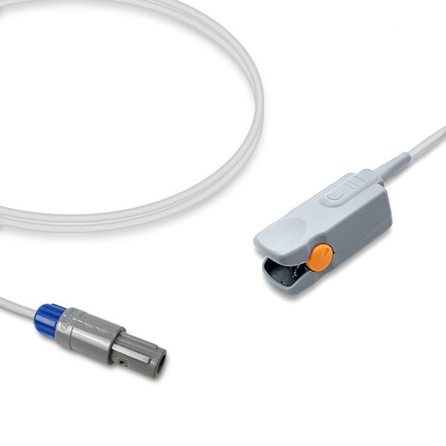 A SpO2 sensor with a gray finger clip and a white cable, compatible with Mindray vital signs monitors.