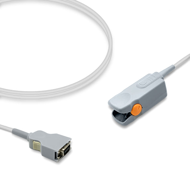 A Masimo SpO2 sensor with a finger clip and cable, typically used for measuring blood oxygen saturation.