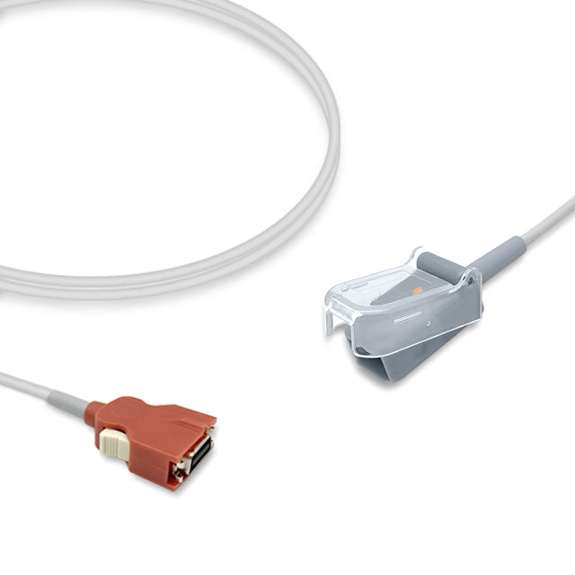 An SpO2 adapter cable with a red proximal connector and a gray distal connector, including a sensor clip.