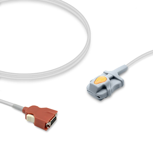 A Masimo SpO2 sensor with a pediatric soft rubber probe and a grey connector cable.