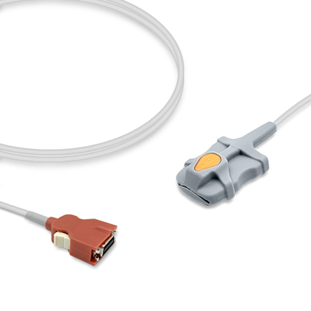 An SpO2 sensor with a red connector on one end and a gray, soft rubber probe on the other, labeled as compatible with Masimo sensors.