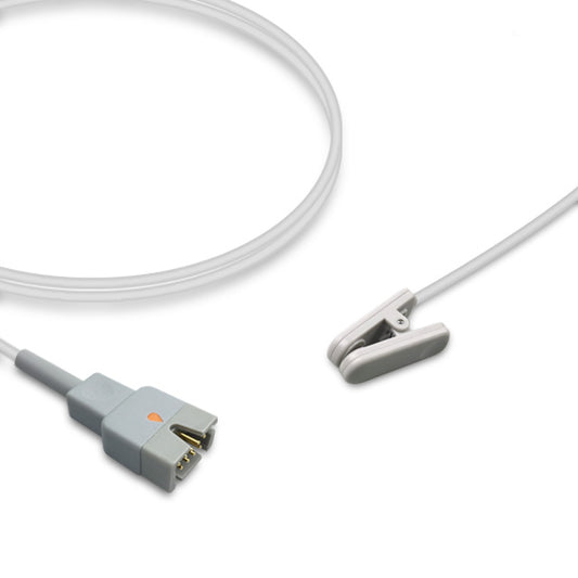 A Masimo SpO2 sensor cable with a grey connector on one end and a clip on the other, against a white background.