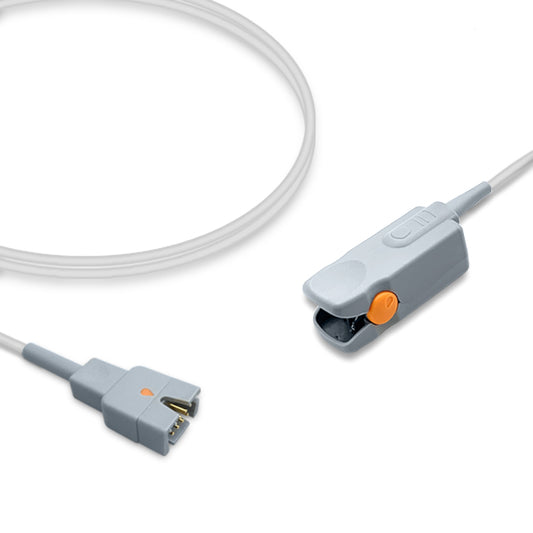 An adult finger clip SpO2 sensor with a grey body and orange details, including a connector and a clip.