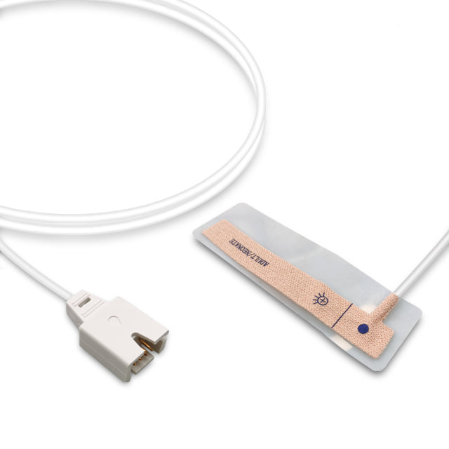 A Masimo SpO2 sensor with a white cable and beige sensor body, labeled with 'NCS' and a serial number.