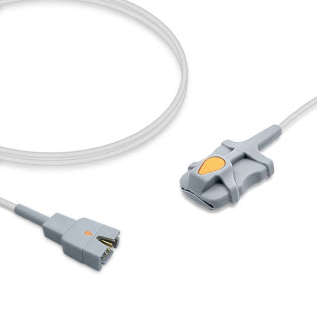 A Masimo SpO2 sensor with a grey body and a yellow detail on the connector.