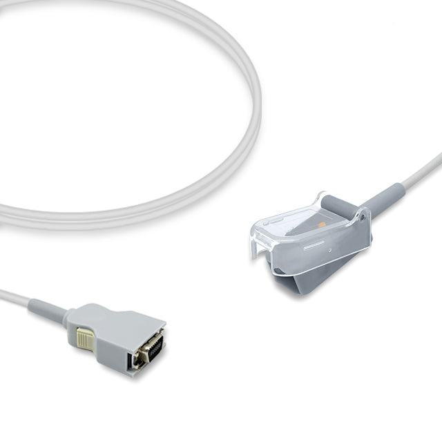 An SpO2 adapter cable with a grey connector on one end and a sensor on the other, against a white background.