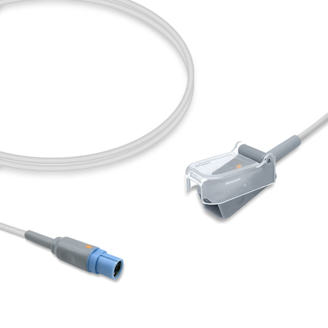 An SpO2 adapter cable with a round, gray distal connector and a female D-Sub connector, against a white background.